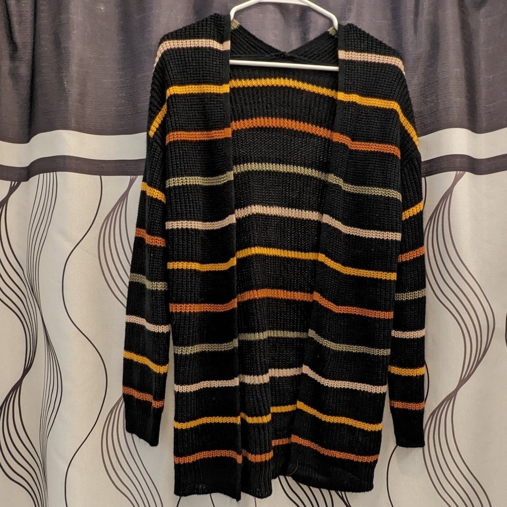 Women's Casual Cardigan Sweaters Drop Shoulder Striped Cardigan Knit Outwear - Picture 4 of 6